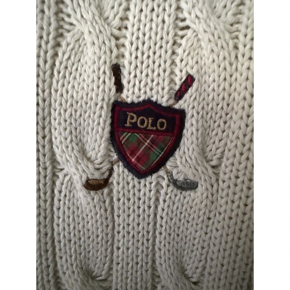 Vintage 1990s Polo Golf Ralph Lauren Cable Knit Sweater Beige XL Plaid Crest